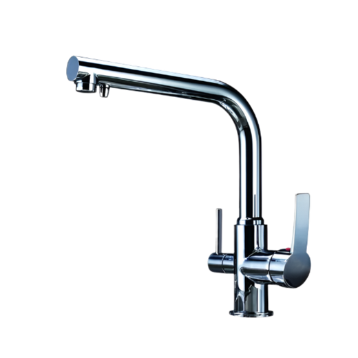 Chrome kitchen mixer tap with a curved spout, main side lever and separate reverse osmosis water control.