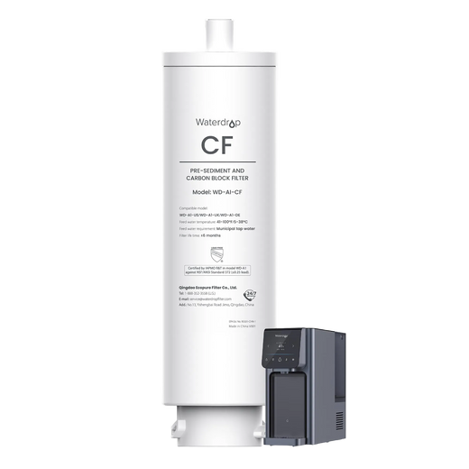 White Waterdrop WD-A1-CF sediment and carbon filter with inset of the compatible A1 dispenser