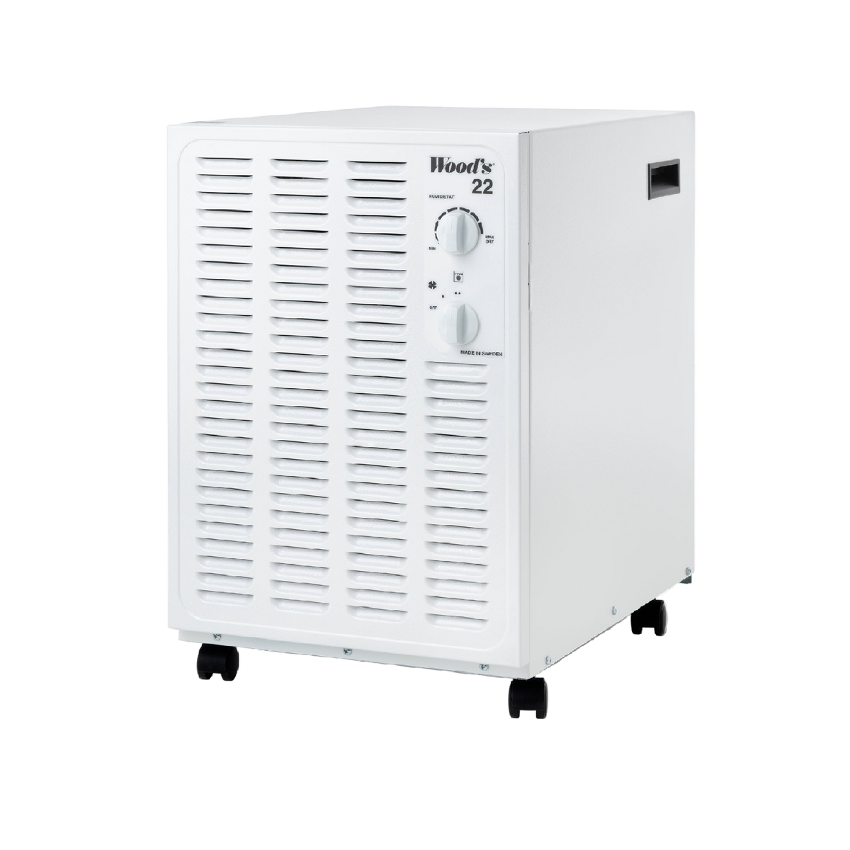 White portable air conditioner with control knobs on a white background