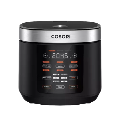 Black Cosori R-501 rice cooker with stainless-steel trim and illuminated front touch controls