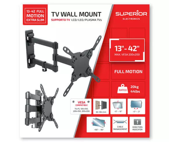 Superior TV Wall Mount 13"-42" Full Motion Extra Slim - RIBI Malta