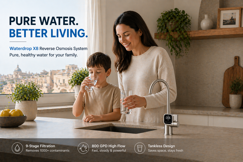 Waterdrop X8 reverse osmosis system with smart faucet providing clean drinking water in Malta homes