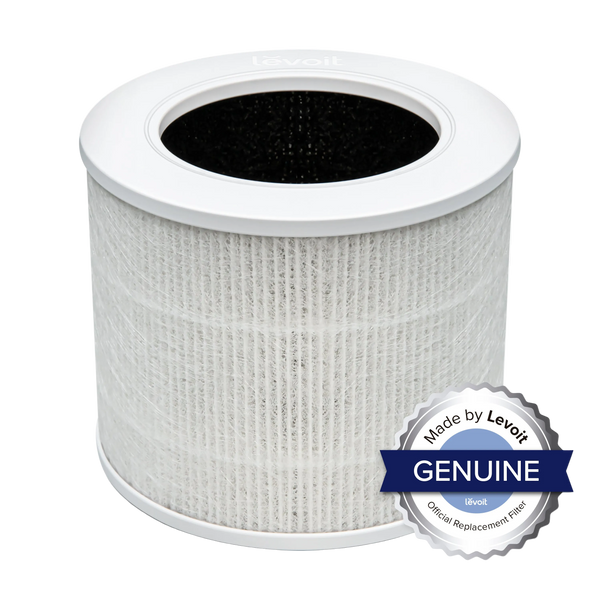 Cylindrical Levoit Core Mini replacement filter with white pleats and a genuine Levoit badge