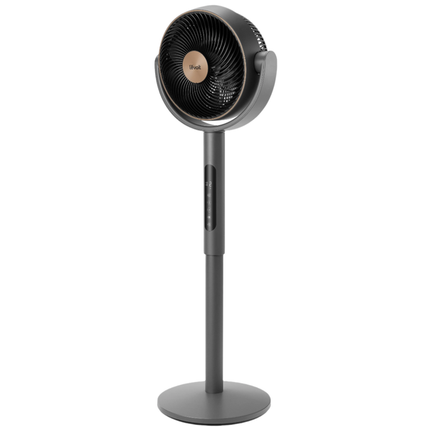 Grey Levoit LPF-R432 TempSense pedestal fan with black grille and round base, angled view