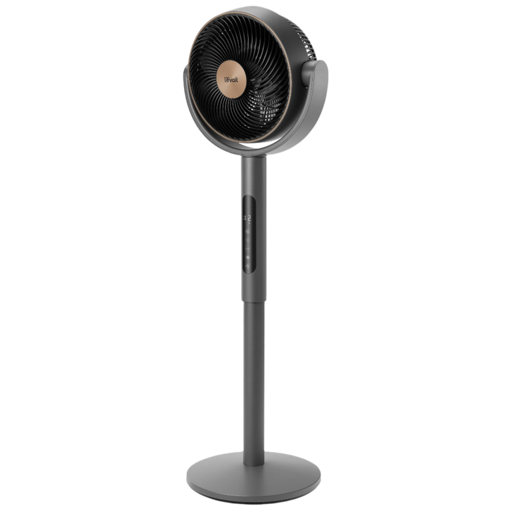 Grey Levoit LPF-R432 TempSense pedestal fan with black grille and round base, angled view