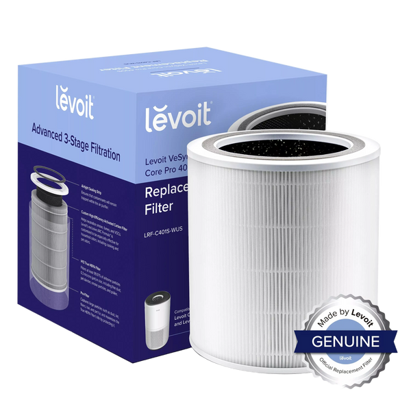 Levoit pleated replacement filter beside a box marked LRF-C401S-WUS and a genuine-filter badge