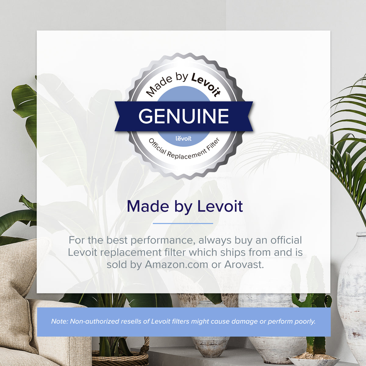 Genuine Levoit replacement filter badge with guidance on identifying an official Levoit filter.