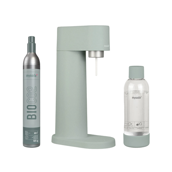 Pigeon-colour MySoda Woody soda maker with matching bottle and Bio CO2 cylinder