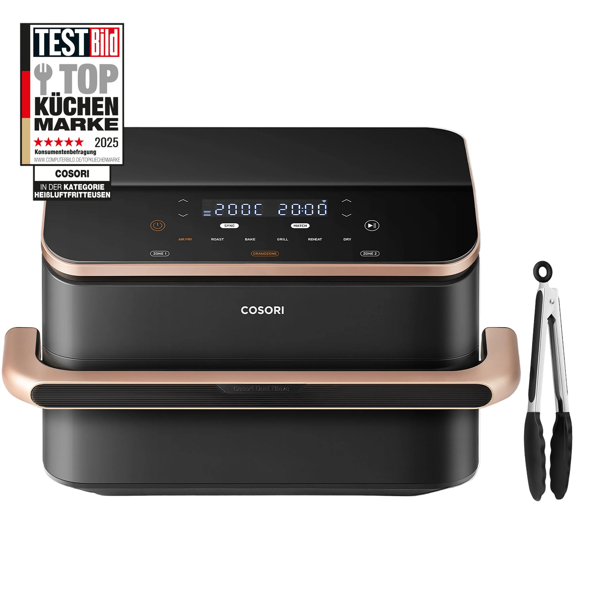 COSORI air fryer in black with rose gold accents, shown with a digital display screen and accompanied by black tongs on a white background. A 'Top Küchen Marke 2025' award badge is visible in the top left corner.