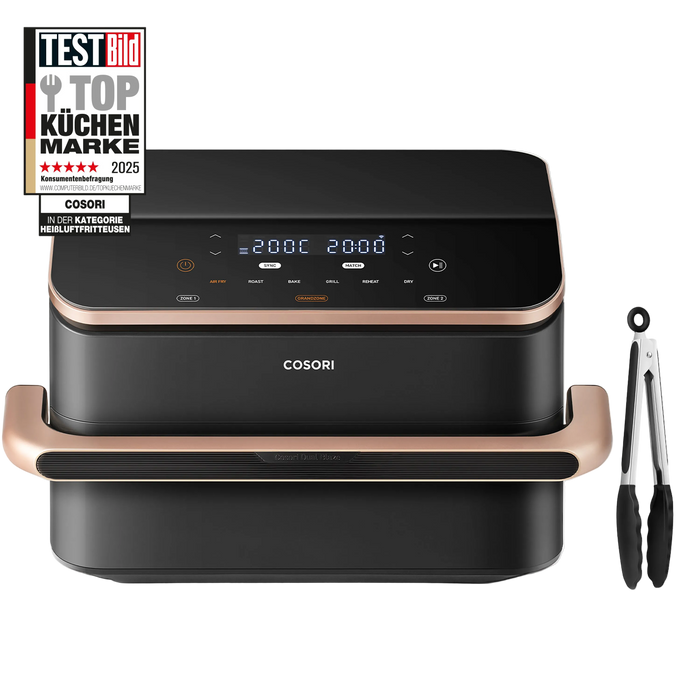 Black and rose-gold Cosori Dual Blaze TwinFry 10 L air fryer beside tongs, with a 2025 Top Küchen Marke badge.