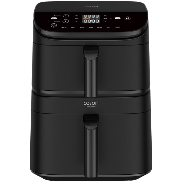 Front view of the black Cosori Turbo Tower CAF-DC121 10.8 L air fryer with two stacked drawers.