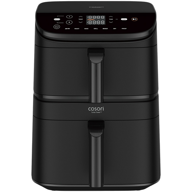 Front view of the black Cosori Turbo Tower CAF-DC121 10.8 L air fryer with two stacked drawers.