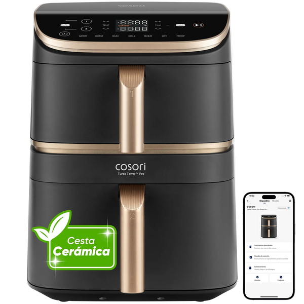 Cosori Turbo Tower Pro CAF-DC123S air fryer with gold handles, app screen and ceramic basket badge.