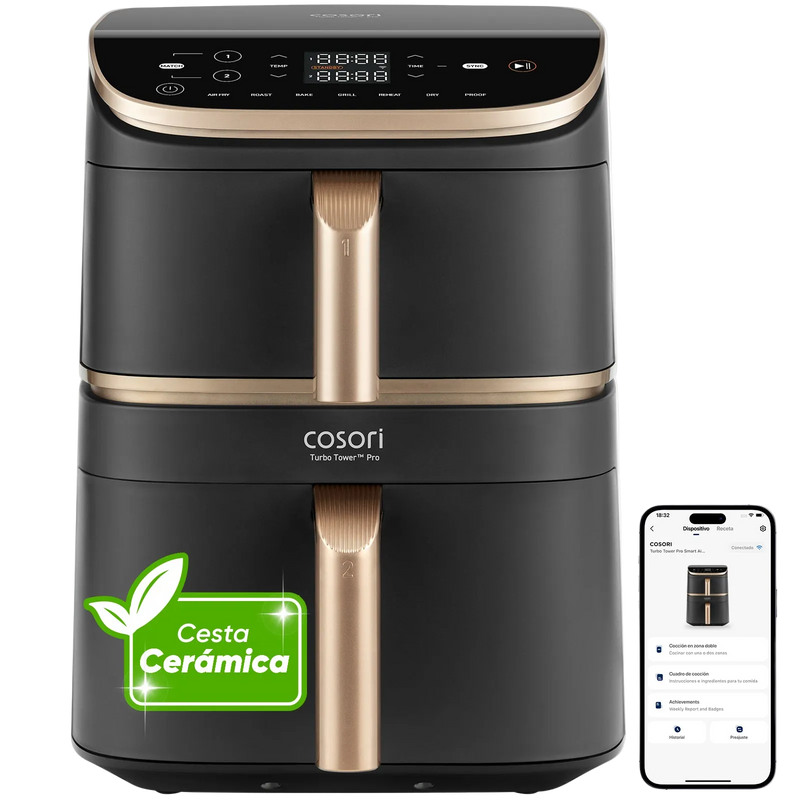 Cosori Turbo Tower Pro CAF-DC123S air fryer with gold handles, app screen and ceramic basket badge.