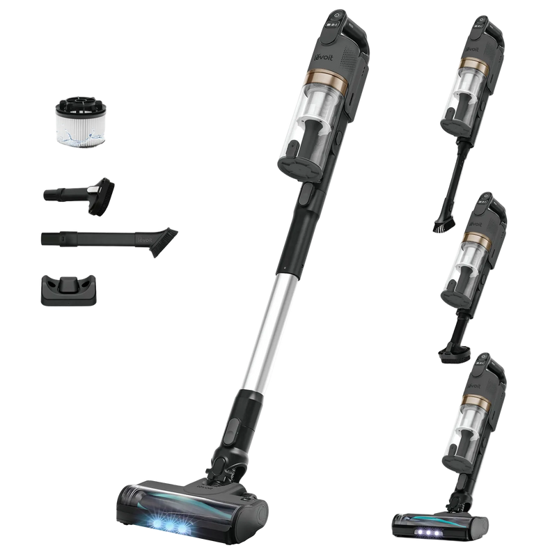 Levoit LVAC-200 cordless vacuum shown as a stick and handheld cleaner with attachments