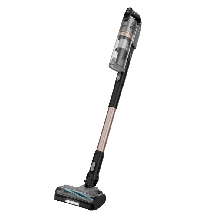Levoit LVAC-300 Plus cordless stick vacuum with grey dust bin, rose-gold tube and floor brush.