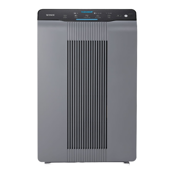 Front view of the grey Winix 5300-2 air purifier with a tall central intake grille and top control panel.