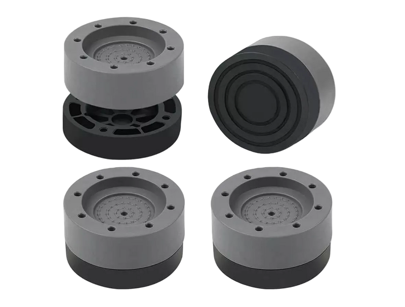 Grey-and-black multipurpose anti-vibration pads showing assembled, separated and underside views