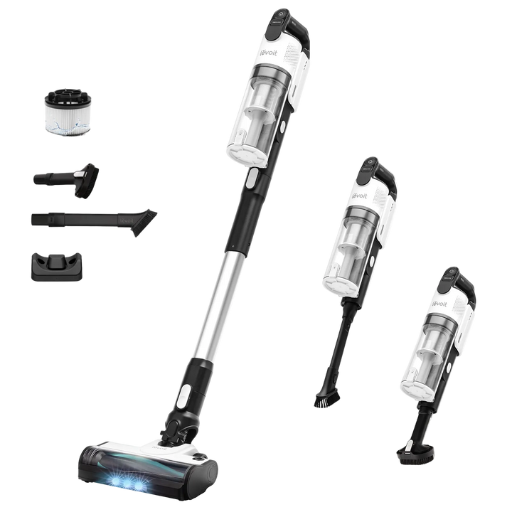 White Levoit LVAC-200 cordless vacuum shown as a stick vacuum and handheld cleaner with attachments.