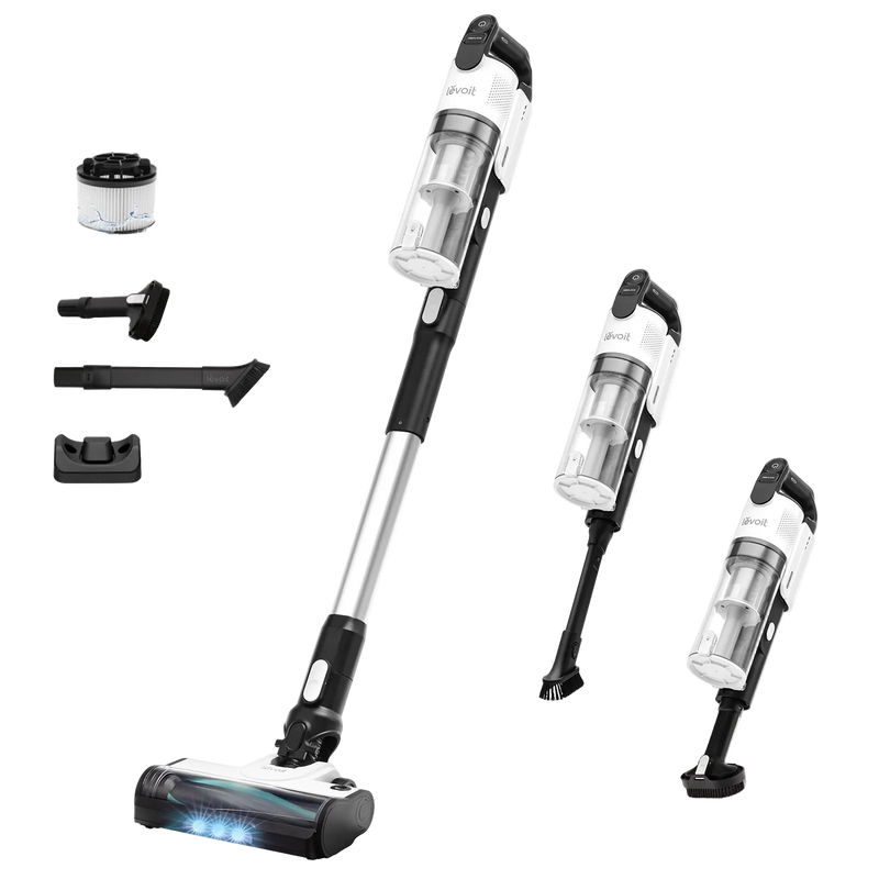 White Levoit LVAC-200 cordless vacuum shown as a stick vacuum and handheld cleaner with attachments.