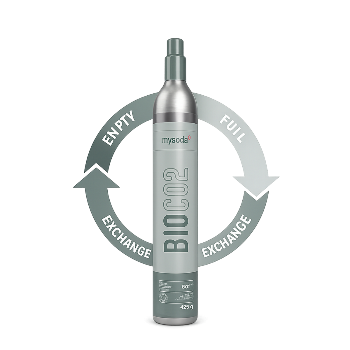 mysoda CO2 canister with exchange arrows on a white background