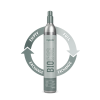 mysoda CO2 canister with exchange arrows on a white background