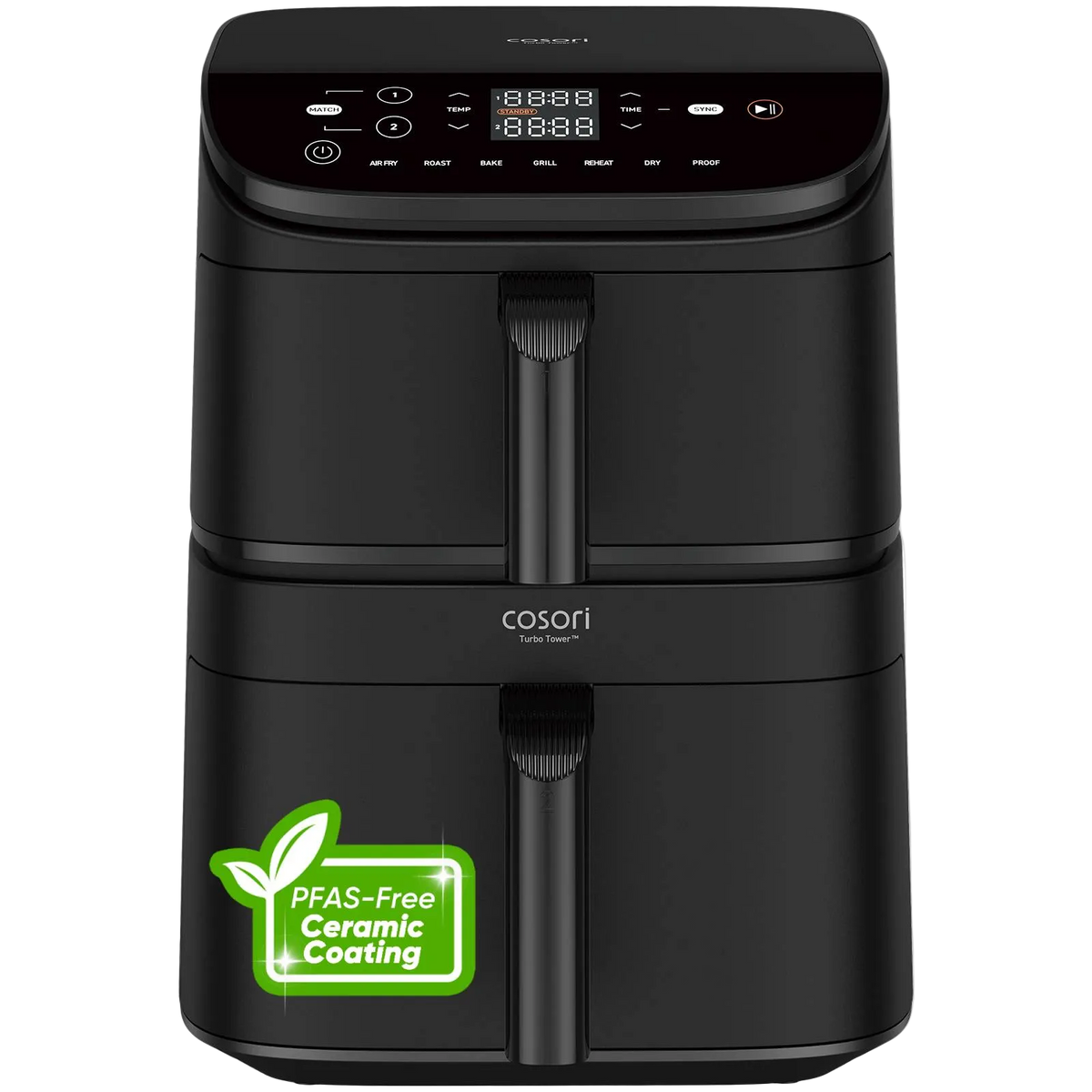 Cosori Turbo Power air fryer in matte black with a digital control panel on top, shown on a white background with a green 'PFAS-Free Ceramic Coating' badge in the lower left corner.