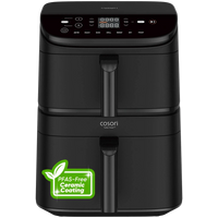 Cosori Turbo Power air fryer in matte black with a digital control panel on top, shown on a white background with a green 'PFAS-Free Ceramic Coating' badge in the lower left corner.