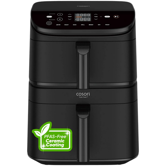 Black Cosori Turbo Tower CAF-DC121 ceramic air fryer with stacked drawers and a PFAS-free ceramic coating badge.
