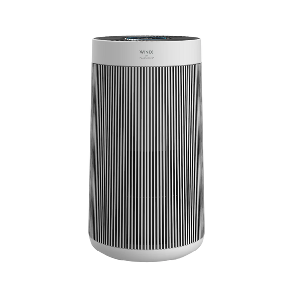Front view of cylindrical Winix T800 Wi-Fi air purifier with white rim and vertical black grille