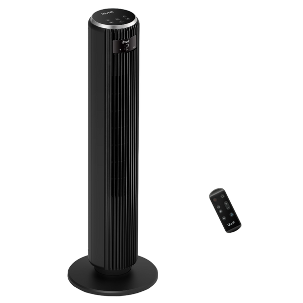 Black Levoit LTF-F362 TempSense 36-inch tower fan with circular base and remote control