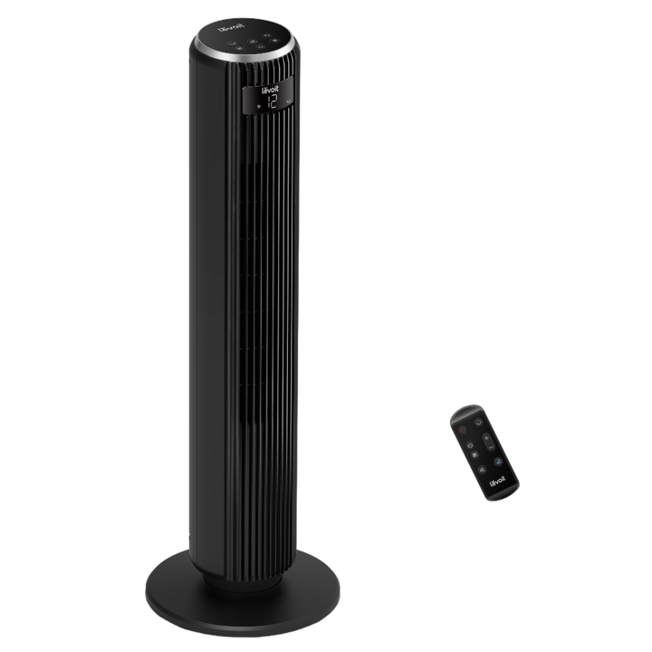 Black Levoit LTF-F362 TempSense 36-inch tower fan with circular base and remote control