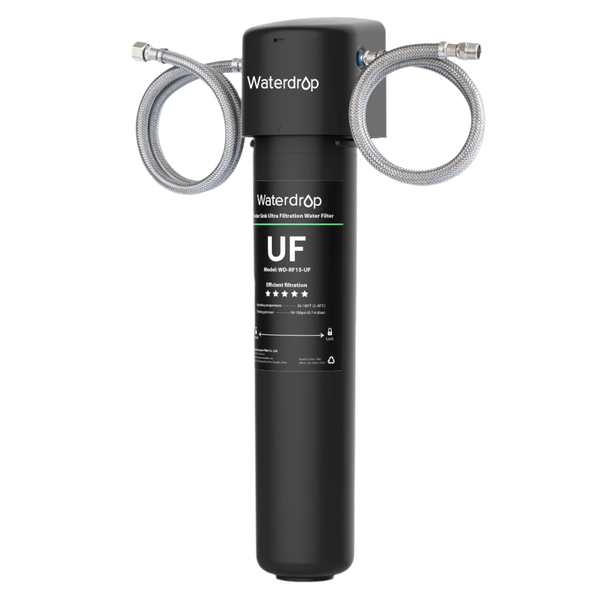 Black Waterdrop WD-15UA-UF under-sink filter system with two braided connecting hoses