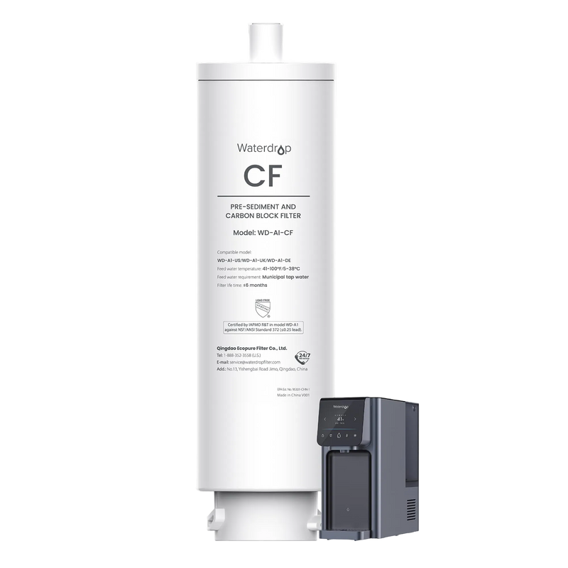 White Waterdrop WD-A1-CF sediment and carbon filter with inset of the compatible A1 dispenser