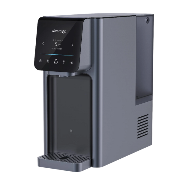Dark grey Waterdrop A1 countertop reverse osmosis dispenser with touchscreen and drip tray