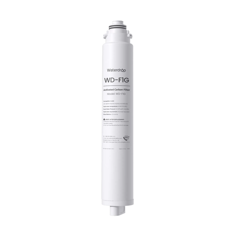 Waterdrop WD-F1G activated carbon replacement filter cartridge for the X8 reverse osmosis system.