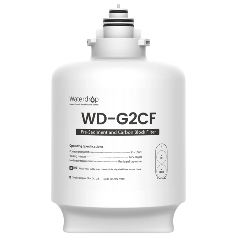 White Waterdrop WD-G2CF pre-sediment and carbon block replacement filter, front view