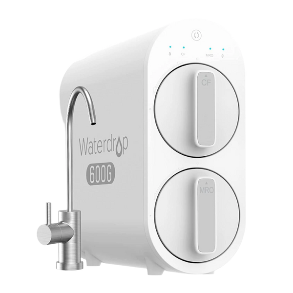 White Waterdrop G2P600 tankless reverse osmosis unit with two front filters and a separate tap