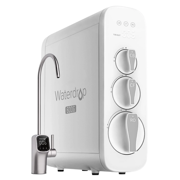 White Waterdrop G3P600 tankless reverse osmosis system with three front filters and smart display tap