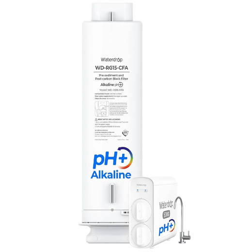 Waterdrop WD-RG15-CFA alkaline filter cartridge with a small G5P500A system illustration.