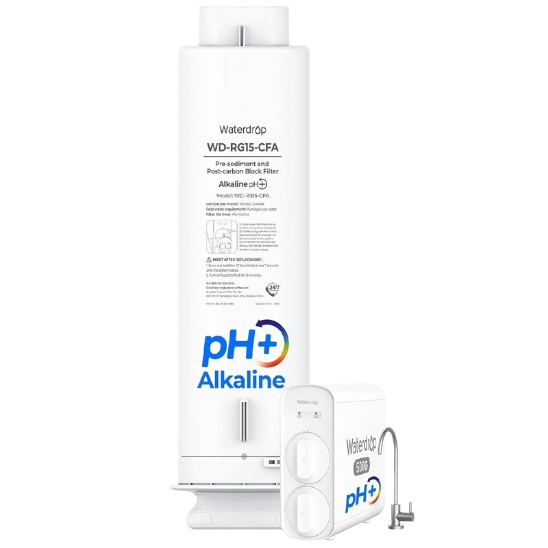 Waterdrop WD-RG15-CFA alkaline filter cartridge with a small G5P500A system illustration.