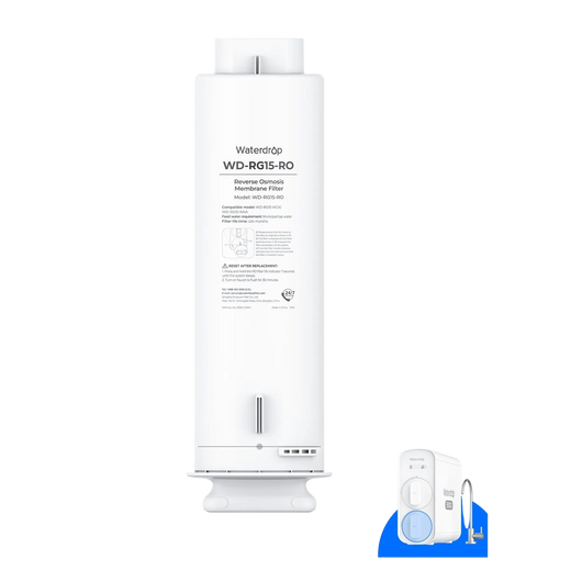 Waterdrop WD-RG15-RO reverse osmosis replacement filter with a small G5P500A system illustration.