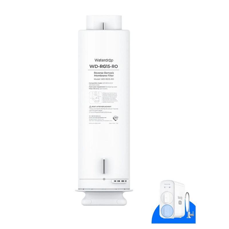Waterdrop WD-RG15-RO reverse osmosis replacement filter with a small G5P500A system illustration.