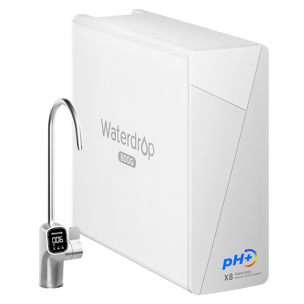 White Waterdrop WD-X8-WAN alkaline reverse osmosis system with pH+ marking and a digital drinking water tap.