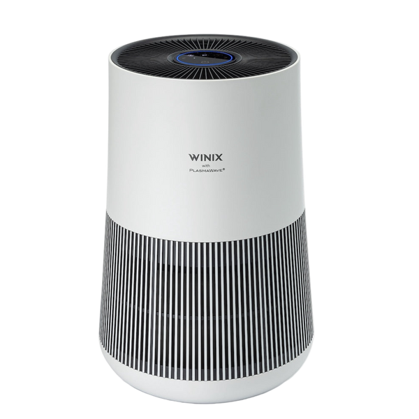 Close front view of the white Winix T500 Wi-Fi air purifier with black lower intake grille and circular top vent.