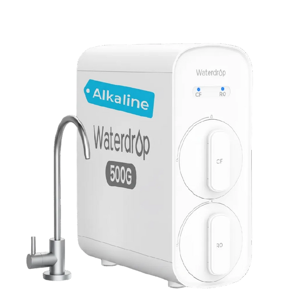 Waterdrop G5P500A alkaline tankless reverse osmosis system with two front filter covers and a drinking water tap.