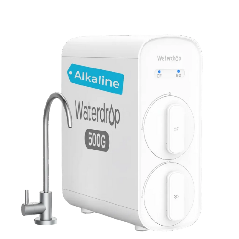 Waterdrop G5P500A alkaline tankless reverse osmosis system with two front filter covers and a drinking water tap.