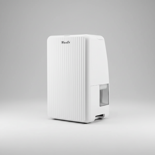 Angled studio view of the white Wood's MRD14G dehumidifier with ridged front and side water-level window.