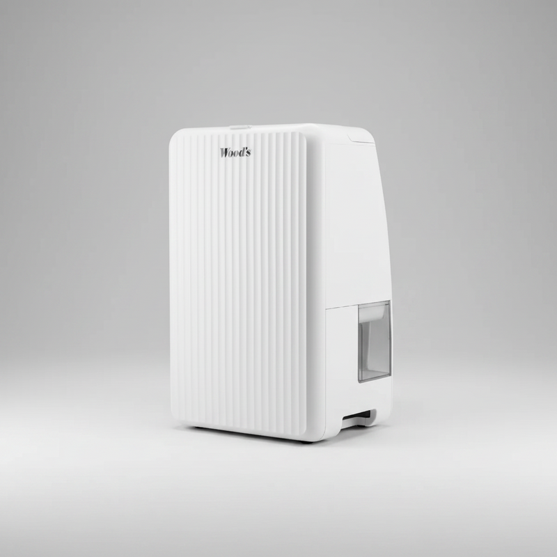 Angled studio view of the white Wood's MRD14G dehumidifier with ridged front and side water-level window.