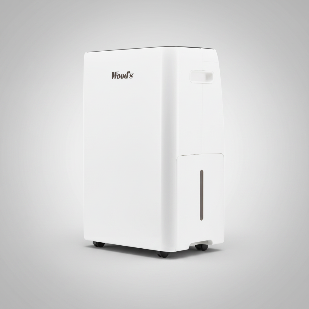 A white Wood's brand dehumidifier on wheels, shown from a three-quarter angle against a light gray studio background.